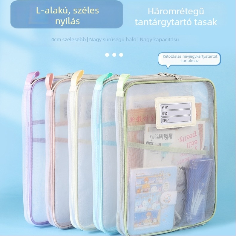 Kang Bai L-alakú, nagy nyílású tantárgytáska nylon hálós anyagú cipzárral, diák táska vizsgákhoz és házi feladatokhoz