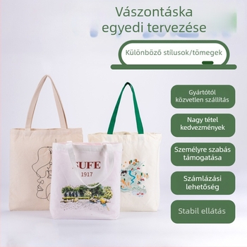 Vászon táska személyre szabott logóval reklám célokra – kézitáska stílus; logónyomás: szitázás, offset és gépi nyomtatás