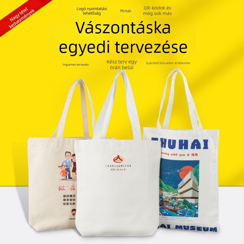 Vászon táska személyre szabott logóval reklám célokra – kézitáska stílus; logónyomás: szitázás, offset és gépi nyomtatás