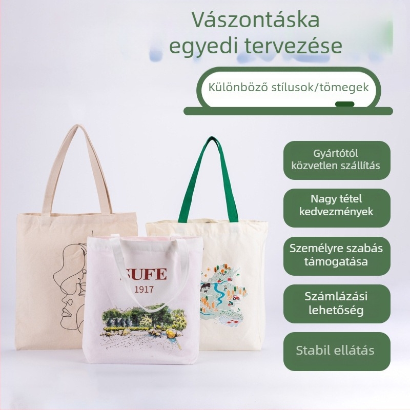 Vászon táska személyre szabott logóval reklám célokra – kézitáska stílus; logónyomás: szitázás, offset és gépi nyomtatás