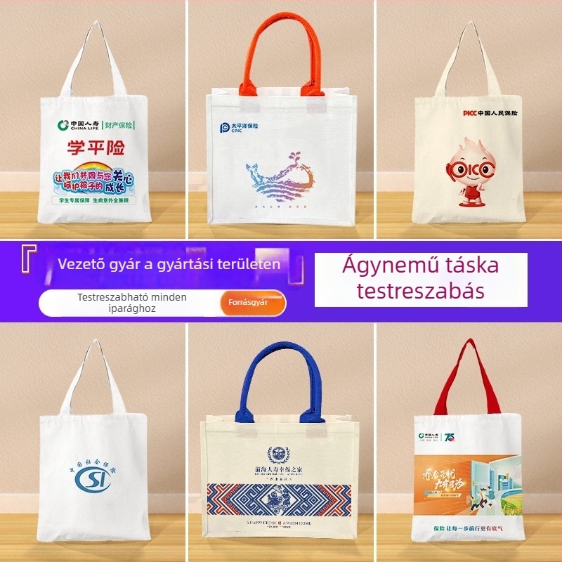 Vászon táska egyedi logóval; stílusok: tote táska, zsineges táska, hátizsák; nyomtatási lehetőségek: hőtranszfer, gépi hímzés, szitanyomás