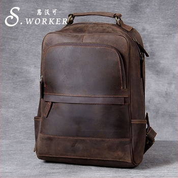 Vintage Crazy Horse bőrtáska férfiaknak - Valódi bőr, kapacitás alatt 20L, első rétegű tehénbőr, Márka S.worker/Sivokor, szabadidős utazásokhoz
