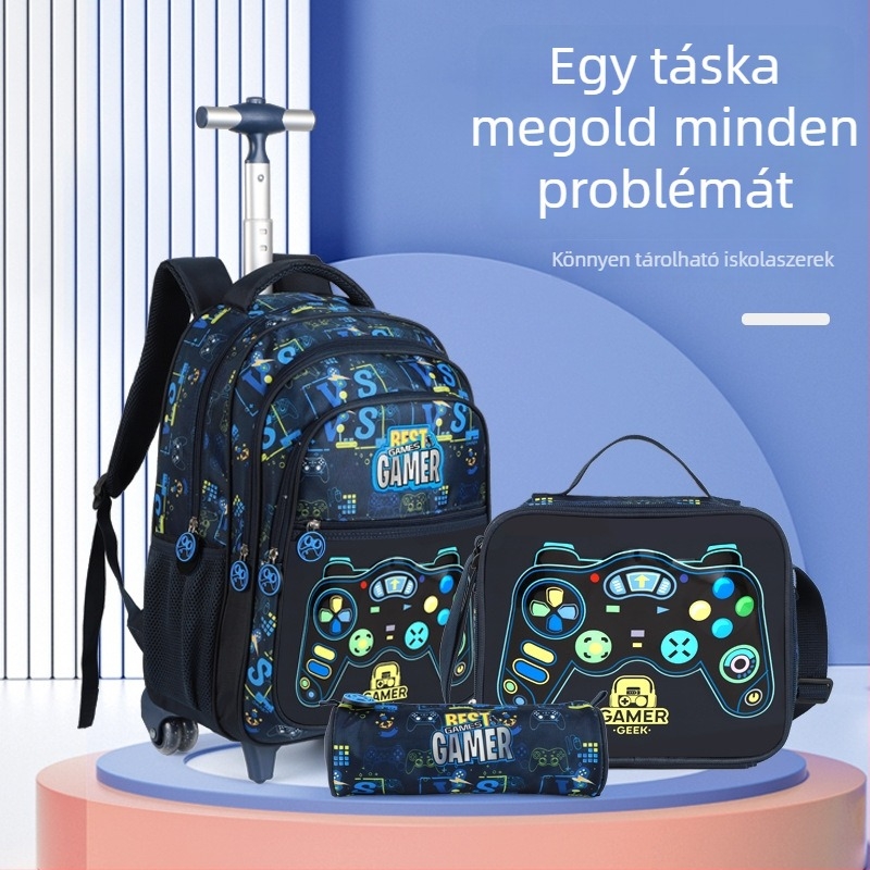 Gyerekeknek szóló iskolai hátizsák rajzfilmszerű stílusban, 20–35 L kapacitás, poliészter anyag, gerincvédelmet nyújtó hátrész, levegő párnázott vállpántok, betűs mintázat