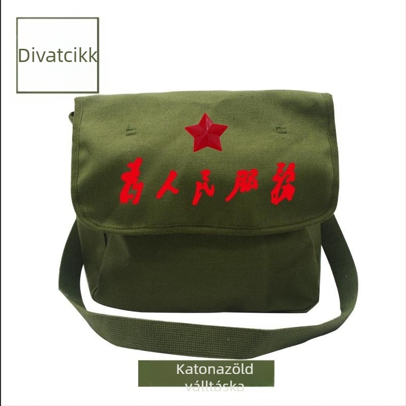 Retro vászon táska Liberation Green színben, Red Guard kis hátizsák, egyrészes postás táska logóval, felnőtteknek és gyerekeknek