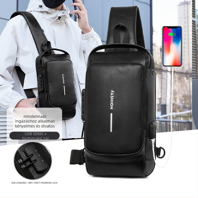 Férfi PU bőr crossbody táska, Race márka, lopás elleni védelem, USB-port és vízálló.