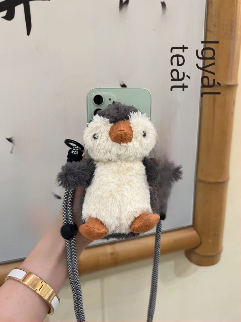 Telefonhoz való plüss pingvin hátlapi klip és crossbody lánccal, kezek nélkül, aranyos hordozható plüss baba