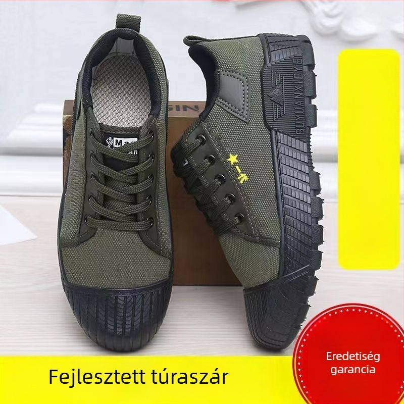 Canvasból készült munkacipő kamufláž mintával, légáteresztő, uniszex, fűzővel, gumi talppal