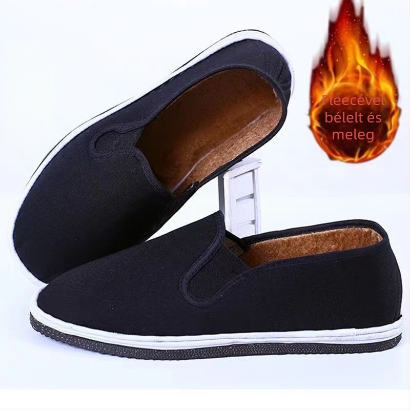 Téli vászon cipő fleece béléssel, kerek orr, pamut felsőrész, alacsony top, műanyag talp