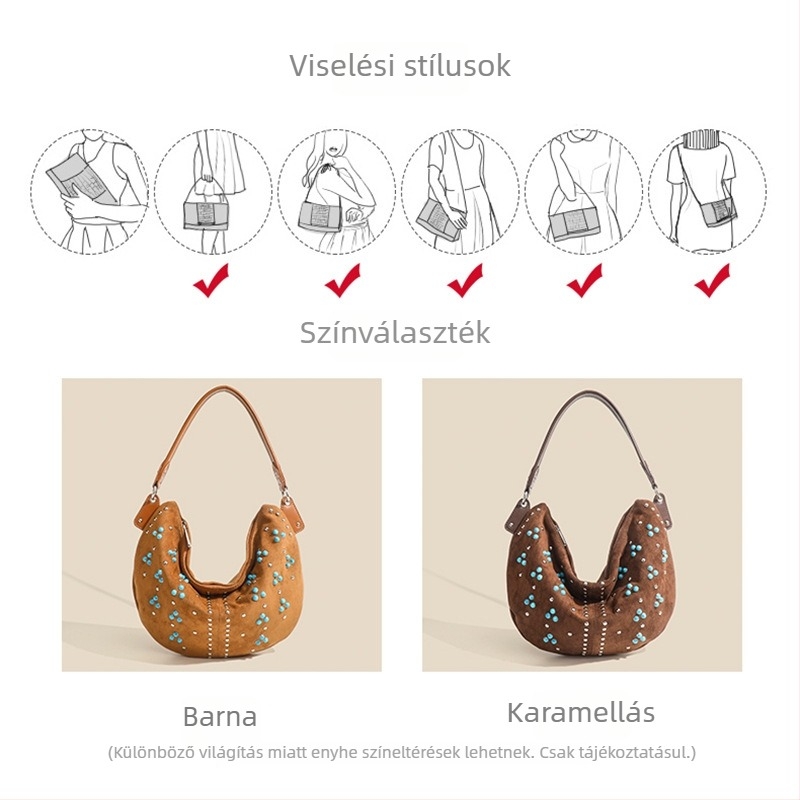 PU anyagú dumpling-stílusú underarm táska, cipzáras záródás, belső cipzáras zseb, telefon- és személyazonosító zseb