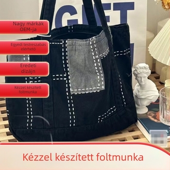 Enie kézzel varrt farmer táska — függőleges négyzet alakú, cipzárral nyíló, belső zsebek telefonhoz és azonosítóhoz, belső réteg
