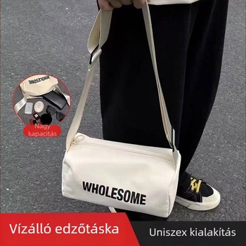 Uniszex stílusú keresztpántos táska, film anyag, hengeres alak, cipzáras zárás, laminált belső