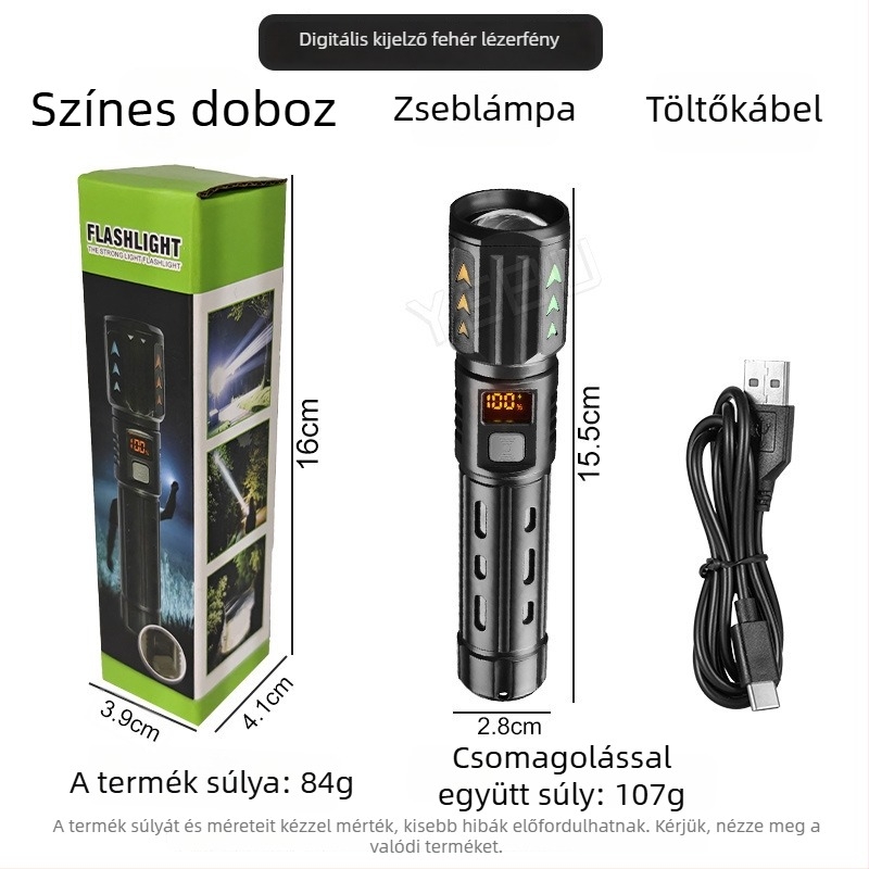 Szabadban használt LED zseblámpa teleszkópos zoommal, 10W, 1200mAh, kézi hajtású
