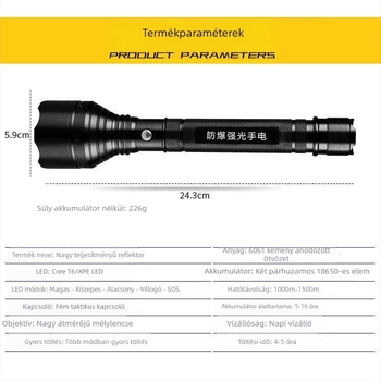 LED zseblámpa, újratölthető, hosszú hatótávú fény, alumínium ötvözet test, robbanásbiztos, 10 W