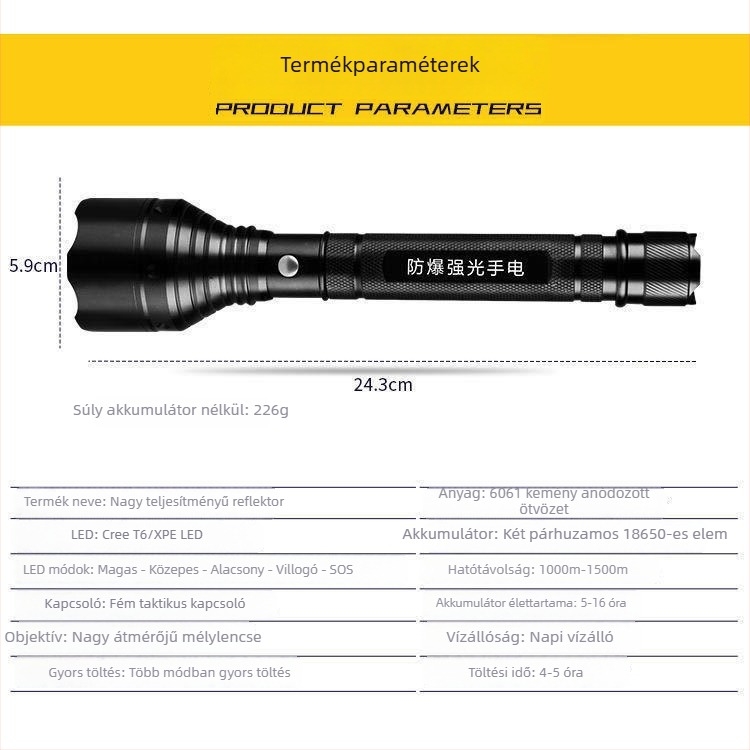 LED zseblámpa, újratölthető, hosszú hatótávú fény, alumínium ötvözet test, robbanásbiztos, 10 W