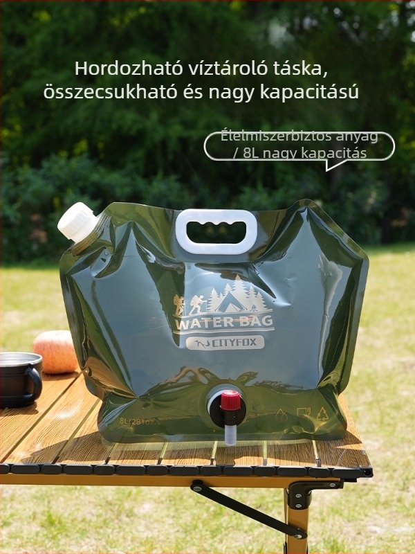 Kültéri víztároló tasak 8 L csap, összecsukható, élelmiszer-minőségű PE+PA+PET