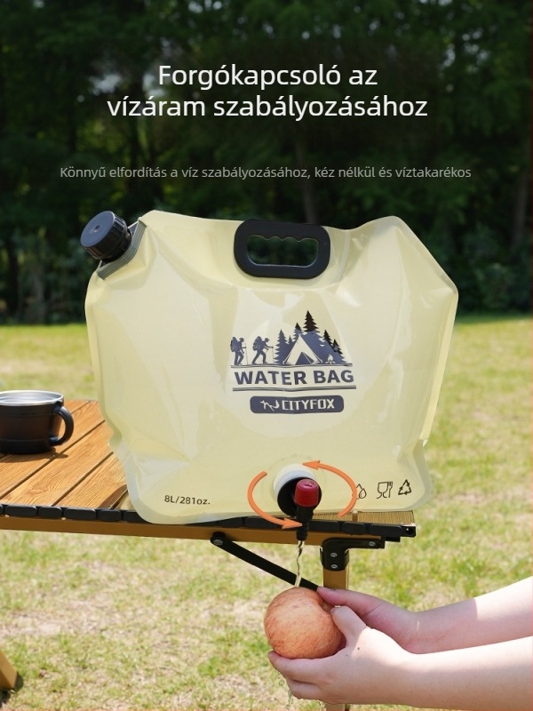 Kültéri víztároló tasak 8 L csap, összecsukható, élelmiszer-minőségű PE+PA+PET