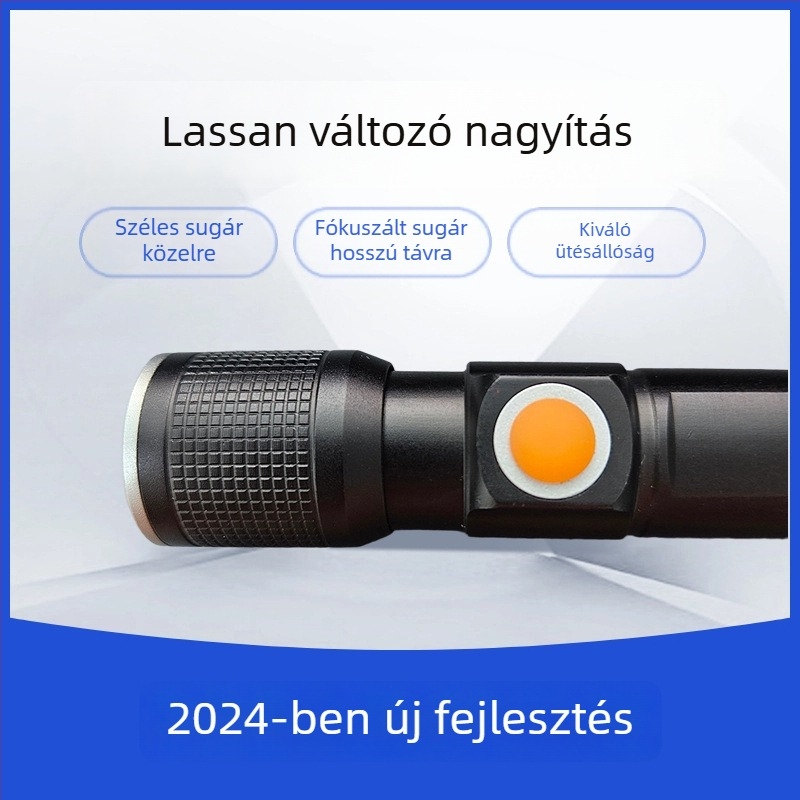 LED vészlámpa zseblámpa, USB-töltésű, állítható fókusz, hosszú hatótávolság 500 m felett, alumínium ötvözet test