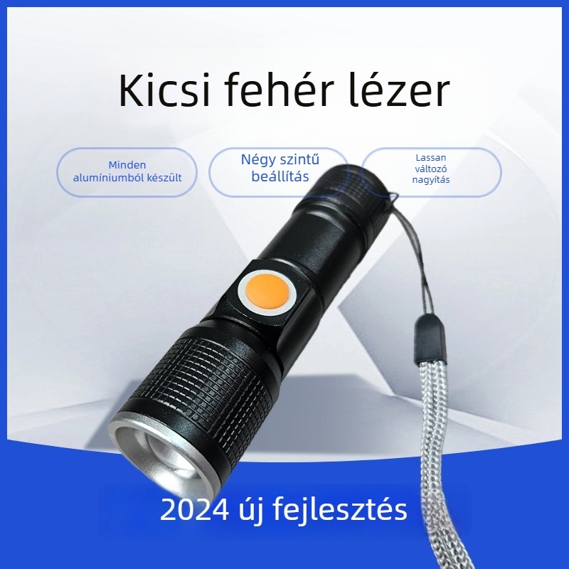 LED vészlámpa zseblámpa, USB-töltésű, állítható fókusz, hosszú hatótávolság 500 m felett, alumínium ötvözet test