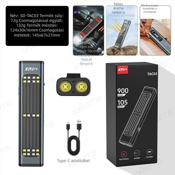 Alumínium ötvözetű LED elemlámpa, hordozható munkalámpa, 10W, 1000mAh, napelemes töltés, mágneses rögzítés, hatótávolság ≥ 500m