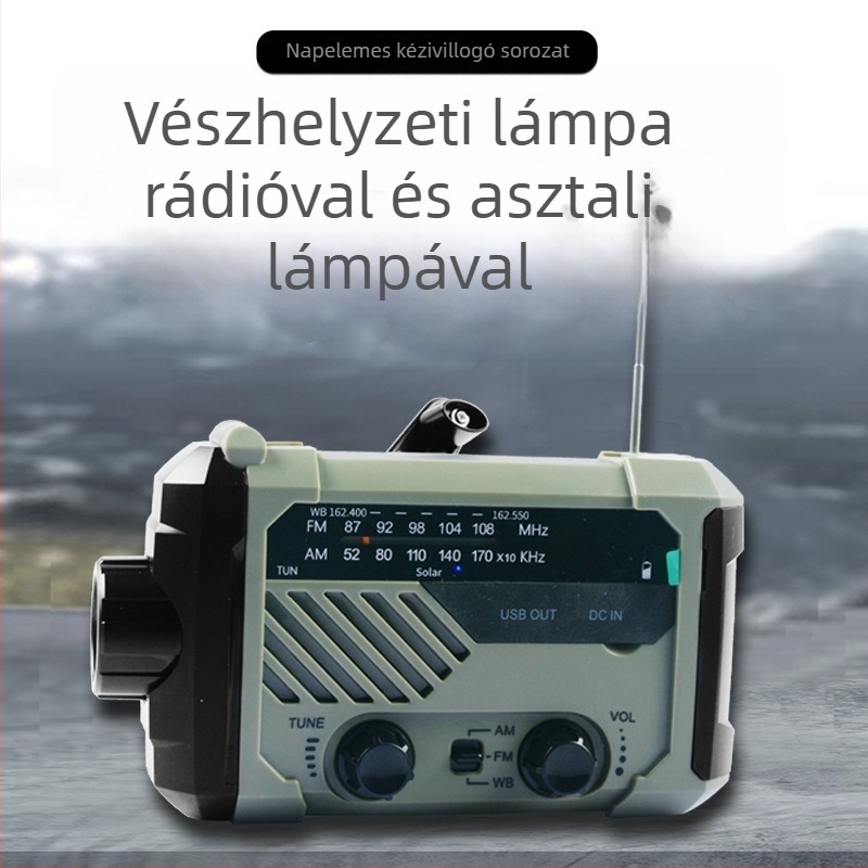 Kézi hajtású rádió-fényszóró – 3W LED, 2000mAh akkumulátor, kézi hajtás + napelemes töltés, vízálló, 360°-ban forgó vészvilágítás