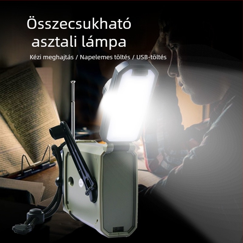 Kézi hajtású rádió-fényszóró – 3W LED, 2000mAh akkumulátor, kézi hajtás + napelemes töltés, vízálló, 360°-ban forgó vészvilágítás