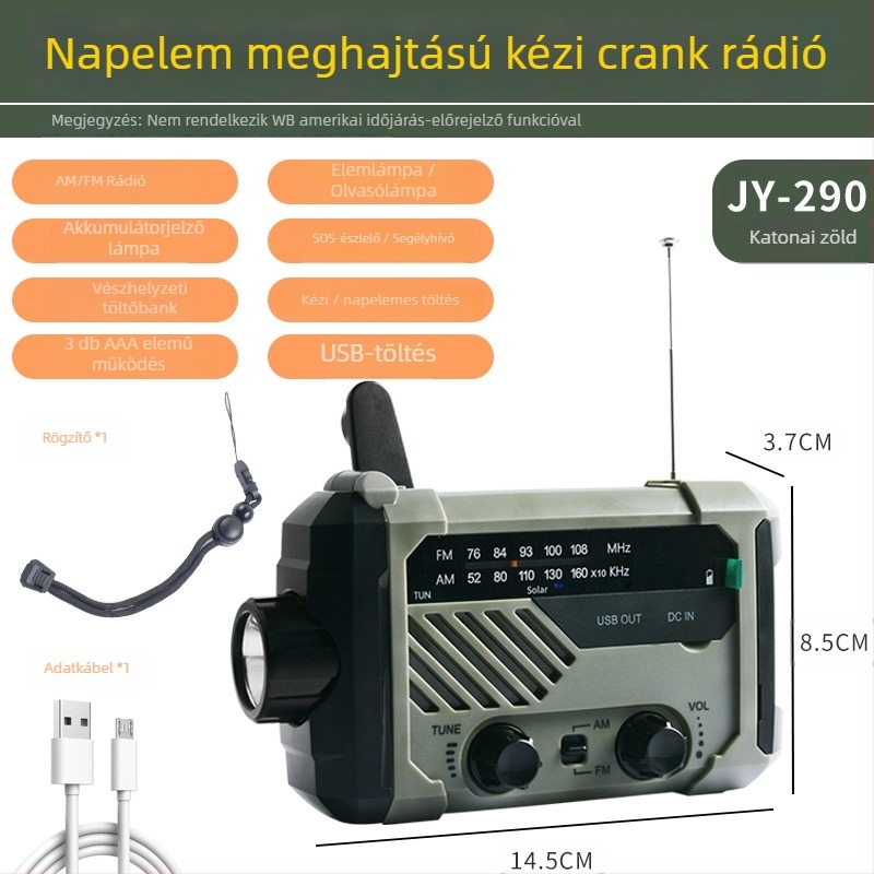 Kézi hajtású rádió-fényszóró – 3W LED, 2000mAh akkumulátor, kézi hajtás + napelemes töltés, vízálló, 360°-ban forgó vészvilágítás