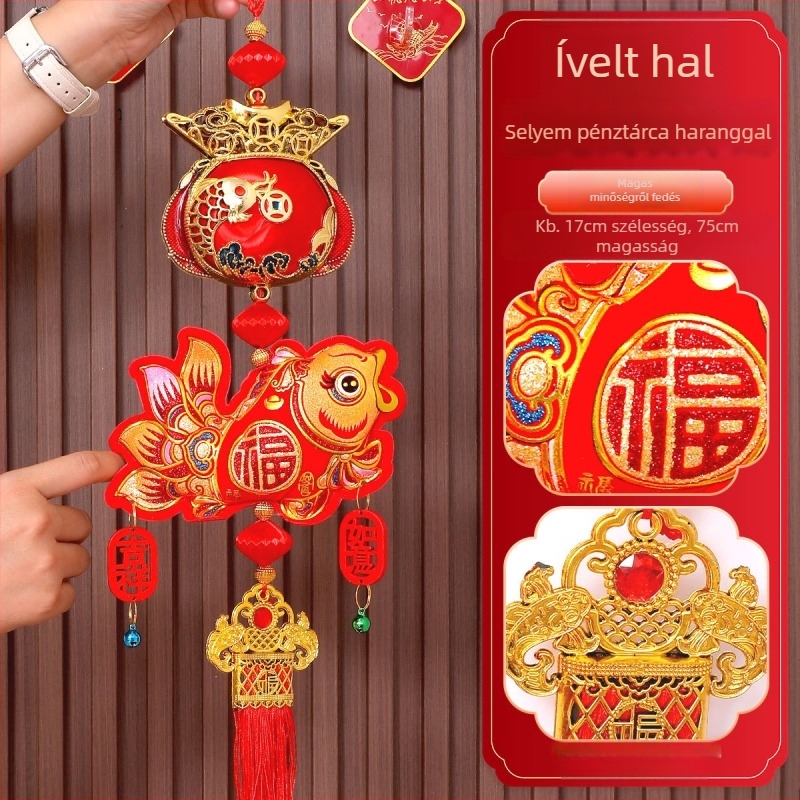 Év a Ló függő dísze kis harangokkal — szövet, kézi + gépi kivitelezés, szerencsés csomó, félig kézi és félig gépi készítés, OPP zacskó