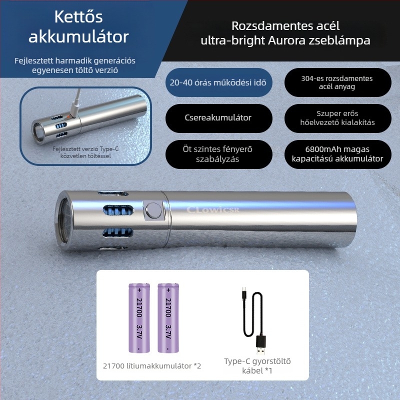 Rozsdamentes acél LED elemlámpa, 40W, újratölthető, kézi töltés, hatótáv 500 m, 4800mAh
