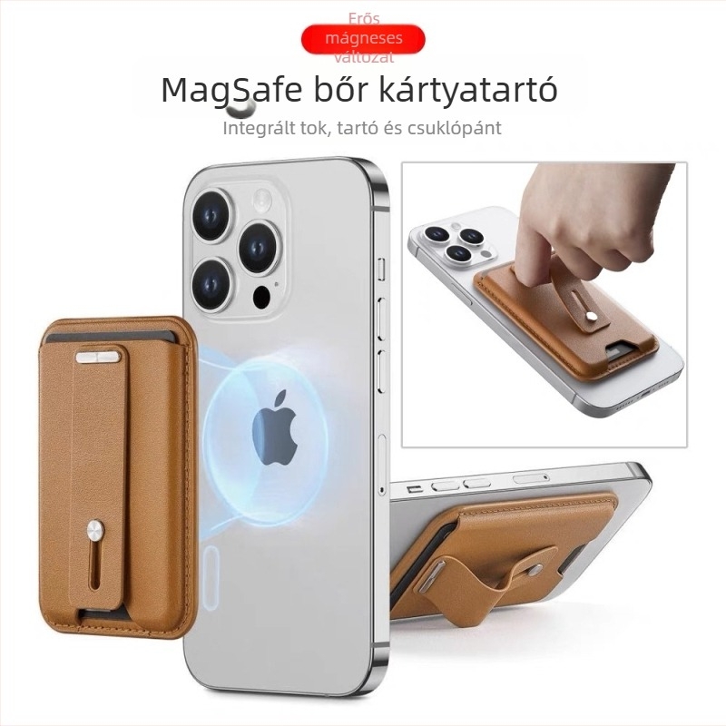 Mágneses bőr kártyatartó és telefonos tartó iPhone 12–16 – 13PU bőr + fém csat; logó testreszabható