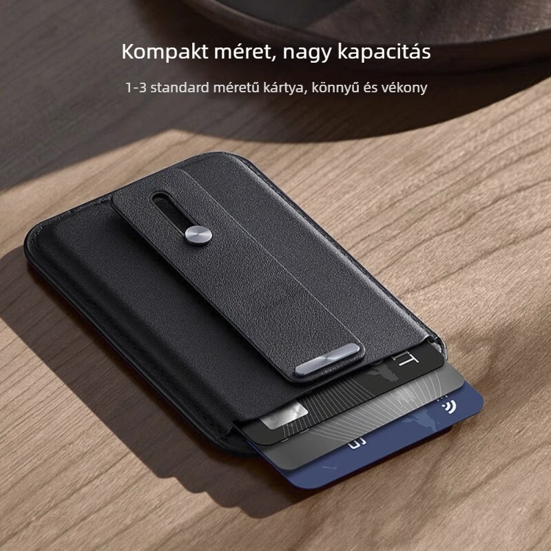 Mágneses bőr kártyatartó és telefonos tartó iPhone 12–16 – 13PU bőr + fém csat; logó testreszabható