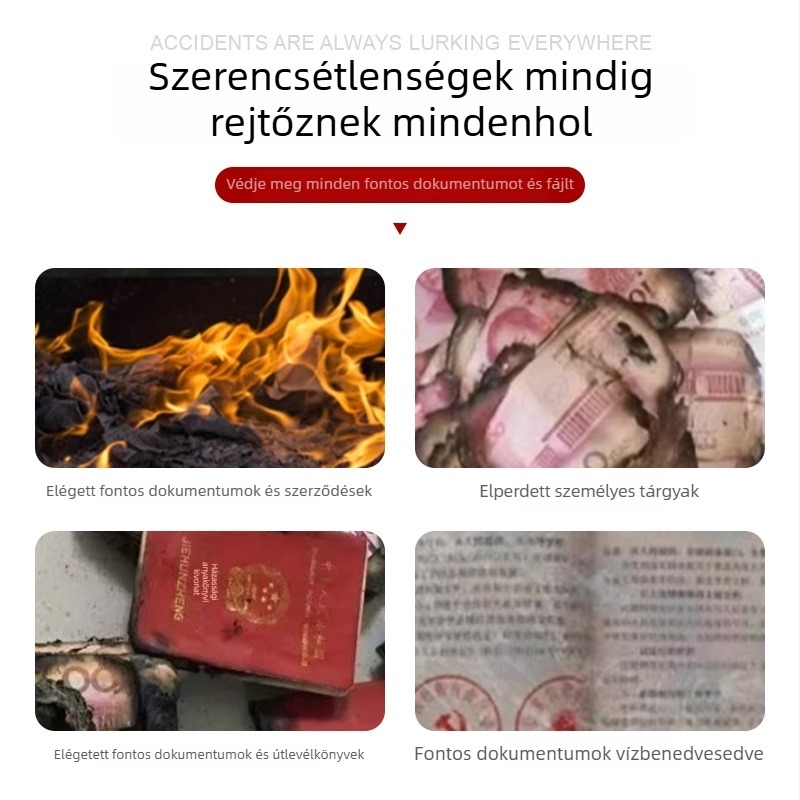 Hőálló és tűzálló dokumentumtáska, vízálló, cipzárral záródó, téglalap alakú – útlevél, szerződések és számlák tárolására