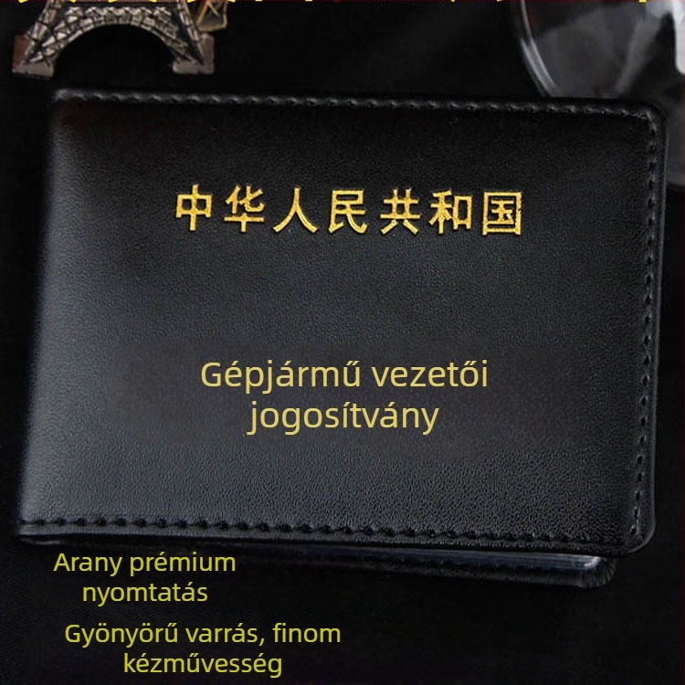 Szintetikus bőrből készült jogosítvány- és forgalmi engedélytartó, belső ID zsebbel, fotó- és kártyahellyel — 1 hajtás, vízszintes négyzet alakú