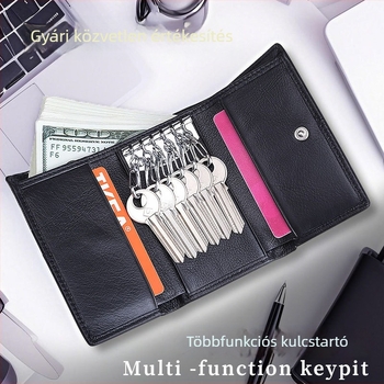 Uniszex bőr tri-fold kártyatartó kulcstartóval, nagy kapacitású, felső réteg marha bőr, modell YB-04