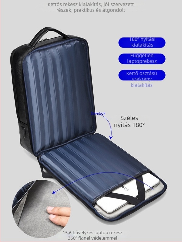 Férfi bőrből készült laptop hátizsák, első osztályú marhabőr, bővíthető, 20–35 L kapacitás, 16 colos laptophoz, ívelt vállpántok, Oxford bélés