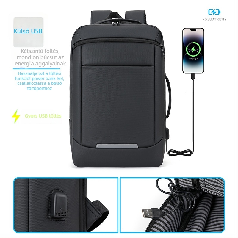 Férfi laptop hátizsák, nagy kapacitású, vízálló anyag, USB bővítés, ívelt vállpántok, 20-35 L