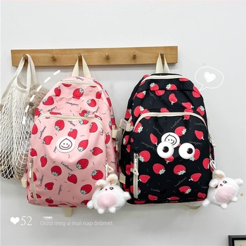 Iskolai lány hátizsák: eper mintás, koreai stílus; nylon anyag; ívelt vállpántok; könnyű, bővíthető, gerincvédelem