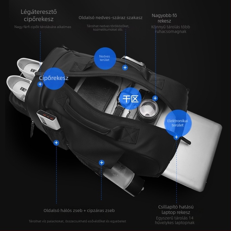Férfi utazó hátizsák, bővíthető kapacitás 20–35 L, 15–ös laptophoz illeszkedik, üzleti út stílusú, görbült vállpántos hordozórendszer