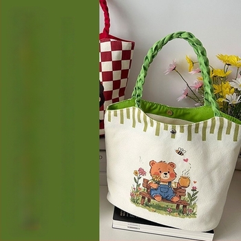 Vászon bucket táska nőknek, gyerekes rajz stílus, mágneses zár, belső telefonzseb, mindennapi használatra