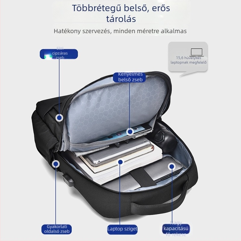 Uniszex üzleti laptop hátizsák, bővíthető, vízálló, Oxford anyagból, légpárnás vállpántokkal, kompatibilis 15‑inch laptophoz