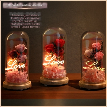 Üvegfedelű rózsa örök virágokkal – díszdobozos ajándék, tartós szappanvirágokkal, Valentin-napra, esküvőre és születésnapra