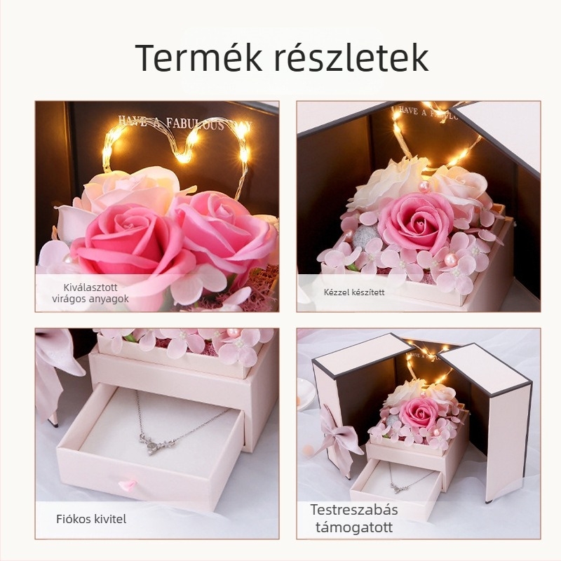 Rózsaszín ajándékdoboz szappanrózsákkal és örök virágokkal, rúzzsal
