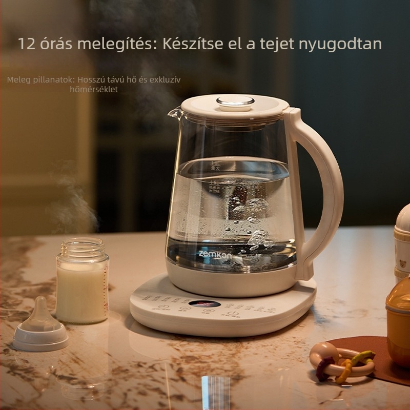 Zemkon Health Pot – Többfunkciós, állandó hőmérsékletű üvegkanna, boroszilikát üvegtest, 1,8 L, 800 W, 220 V, érintéses vezérlés