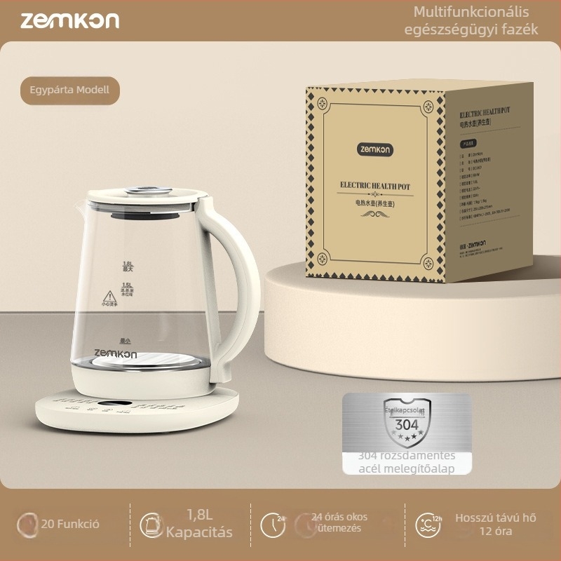 Zemkon Health Pot – Többfunkciós, állandó hőmérsékletű üvegkanna, boroszilikát üvegtest, 1,8 L, 800 W, 220 V, érintéses vezérlés