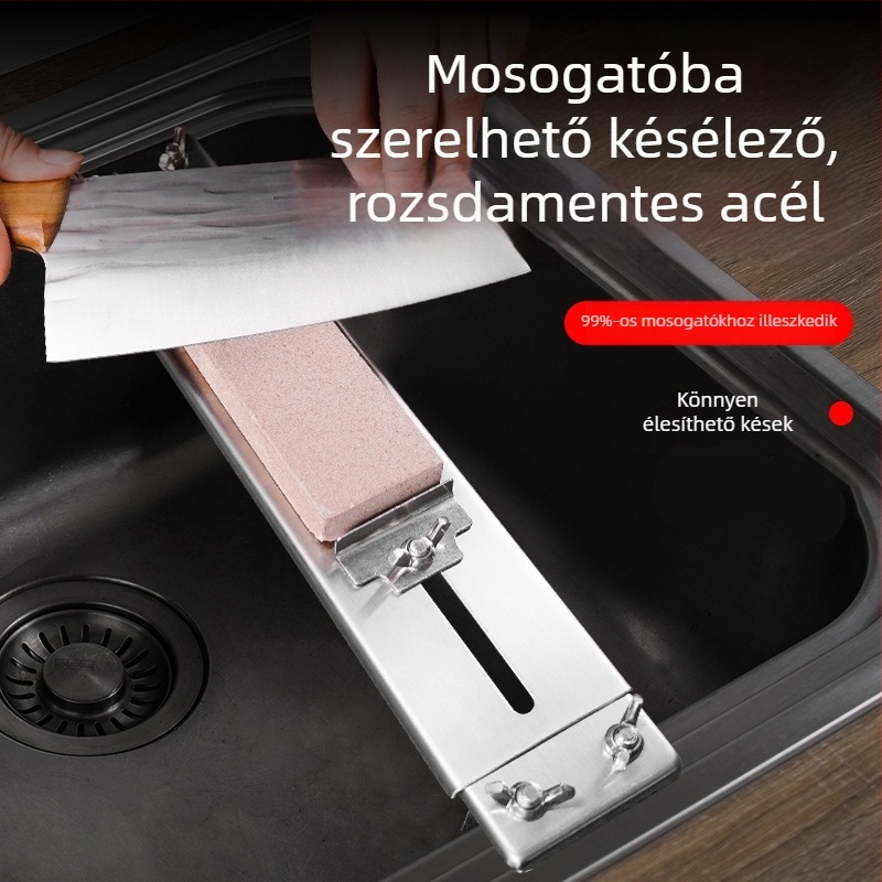 Rozsdamentes acélból készült, mosogatóhoz illeszkedő, állítható késélező állvány behúzható élezőkővel