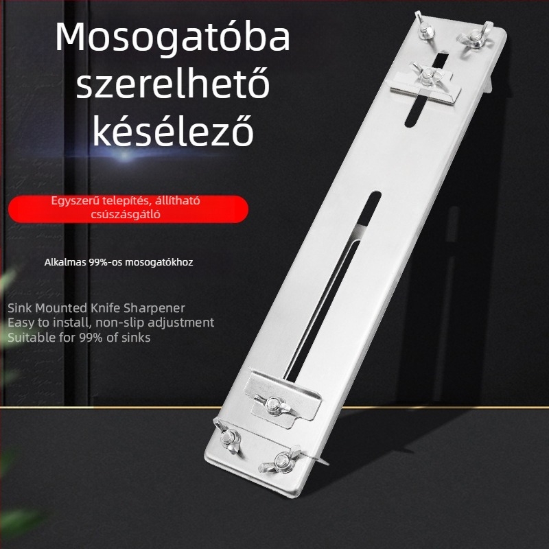 Rozsdamentes acélból készült, mosogatóhoz illeszkedő, állítható késélező állvány behúzható élezőkővel