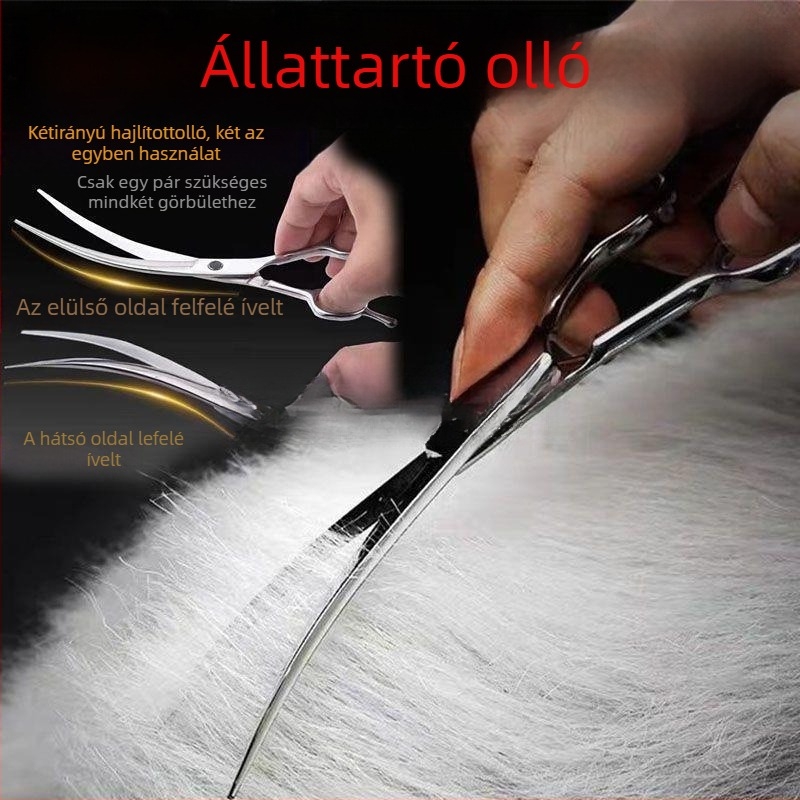 Állatgondozó ollók készlet: egyenes és íves pengével kutya szőrzetének vágásához