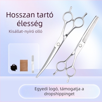 Rozsdamentes acélból készült állat ápoló ollók, 7 hüvelykes, egyenes és ívelt pengéjű ollók kutyák ápolására