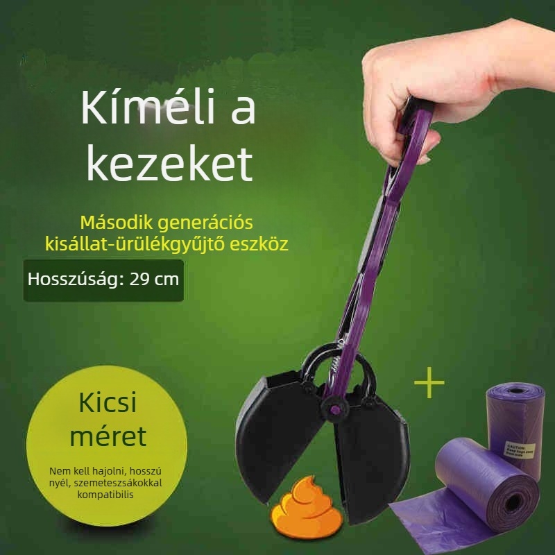 Hosszú nyelű kutyaürülék-felvevő, hordozható tárolóval és összecsukható szemeteszacskókkal