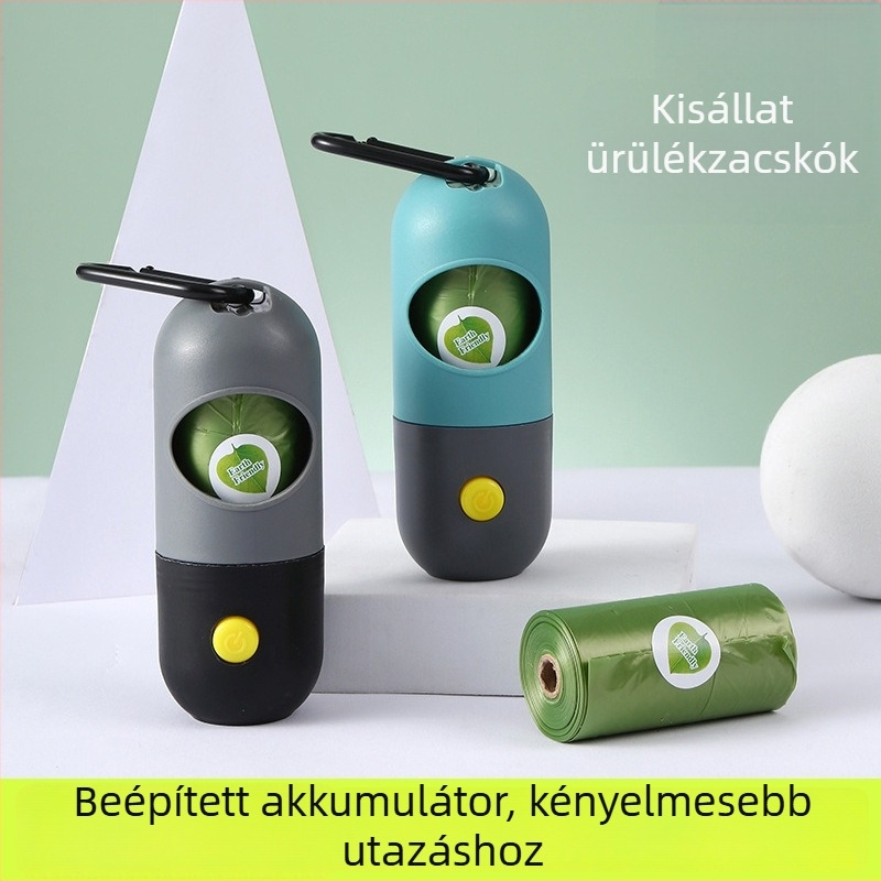 Kapszula formájú kutyapisz adagoló, biológiailag lebomló ürítéshez használható eszköz és vastagított zacskók, műanyag kisállat-kiegészítők.