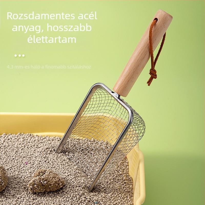 Macskaalom lapát fa nyéllel, rozsdamentes acél penge, finom lyukakkal, a macskaürülék eltávolításához.